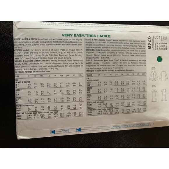 Vogue Misses Dress Jacket Sewing Pattern 9245 Sz 6 - 10 - Uncut - Picture 4 of 9